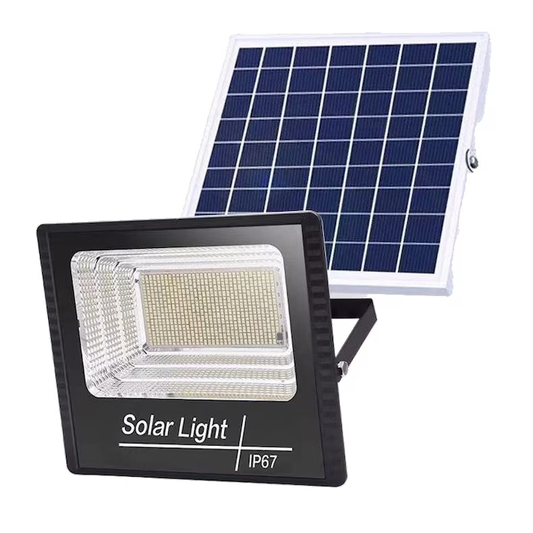 Lampa solara de exterior 200W, Proiector cu 54 LED SMD, cu Telecomanda si senzor lumina, panou solar inclus