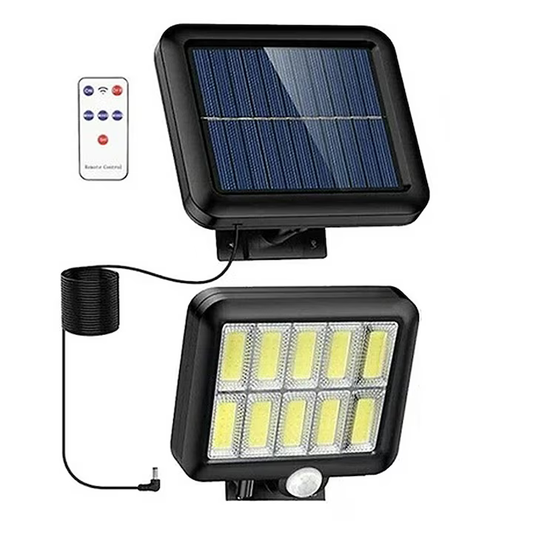 Lampa Solara LED Cu Telecomanda, Ajustabila, 120 COB LED, Senzor De Miscare Si Lumina, Baterie Inclusa 1200 mAh, 260 LM, Lungime Cablu 5 Metri, Rezistenta La Apa, Negru